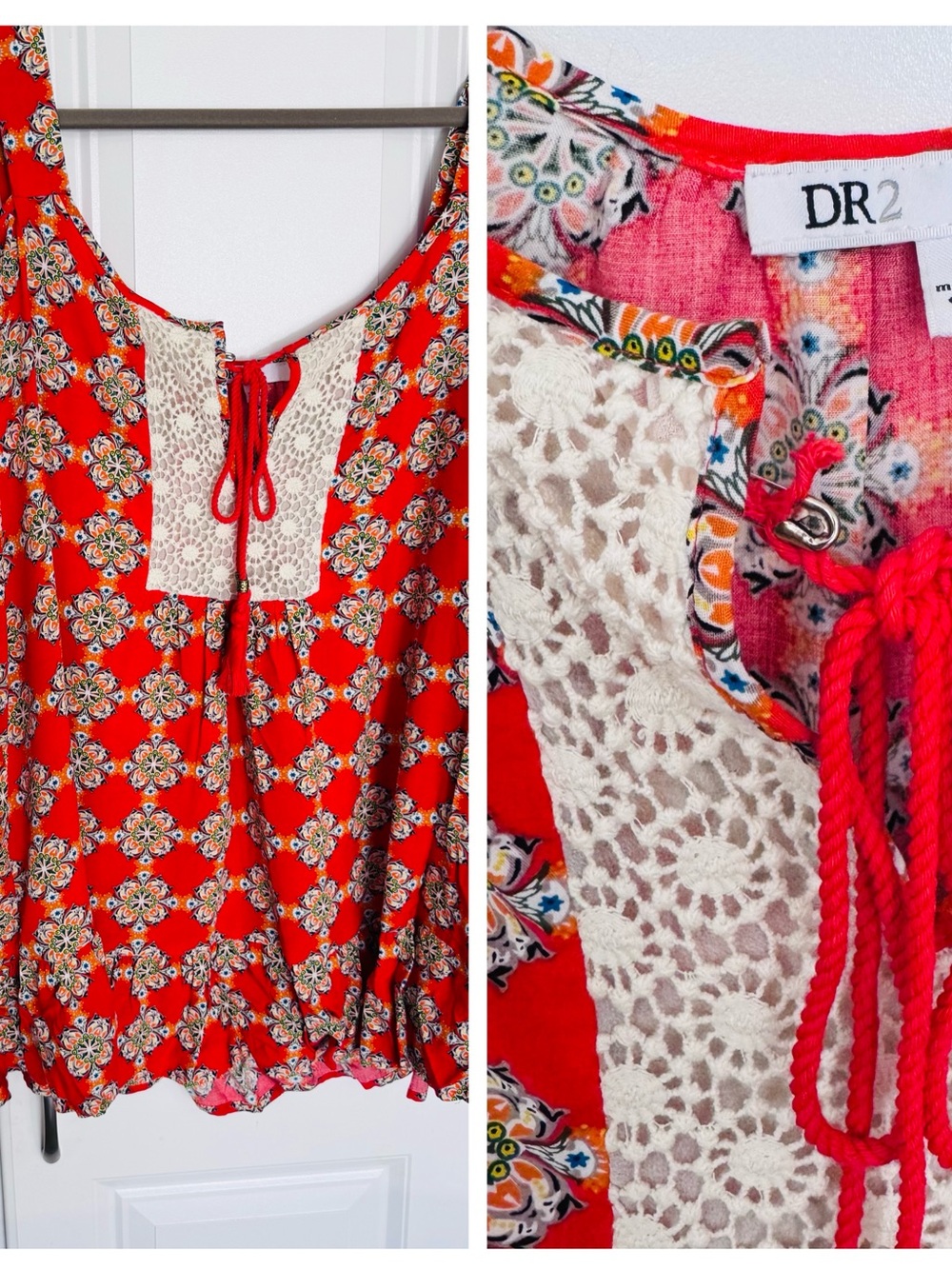 DR2 Bright Red Floral Crochet-Trim Tie-Front Tank